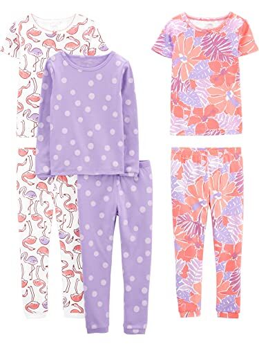Simple Joys by Carter's 6-Piece Snug Fit Cotton Pajama Set Pigiama, Bianco Fenicotteri/Lilla Pois/Floreale, 5 Anni (Pacco da 3) Bambina