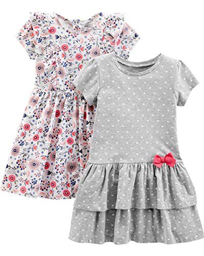 Simple Joys by Carter's Set con Vestito Smanicato e a Maniche Corte Bambina, Pacco da 2, Bianco Floreale/Grigio Cuori, 5 anni