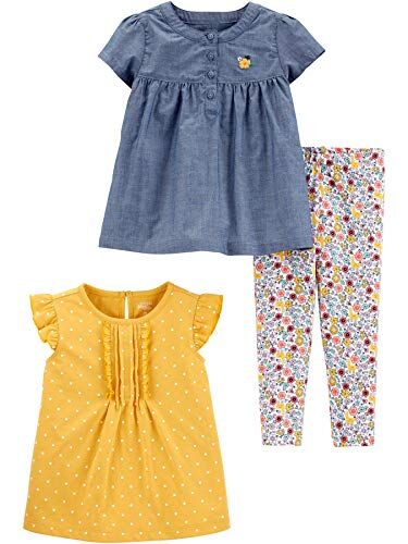 Simple Joys by Carter's 3-Piece Assorted Playwear Sets Set da Gioco, Bianco Floreale/Denim/Giallo Senape, 18 Mesi Bimba