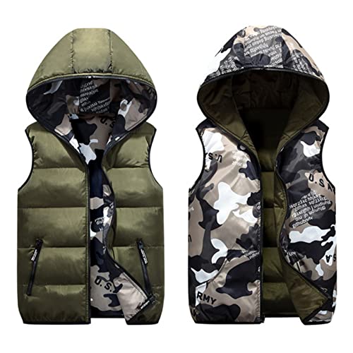 JiAmy Piumino Senza Maniche Gilet con Cappuccio Bambini Reversibile Giacca Inverno Cappotto Camuffare Verde 6-7 Anni