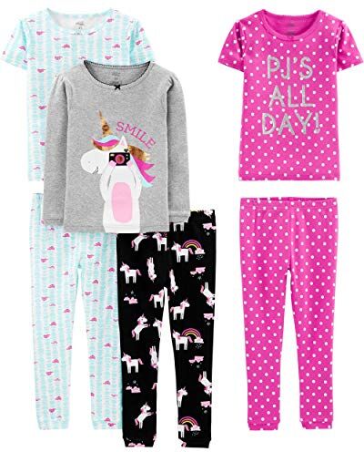 Simple Joys by Carter's 6-Piece Snug Fit Cotton Pajama Set Infant-And-Toddler Sets, Blu Tartaruga/Grigio Puntinato/Nero Unicorni/Rosa A Pallini, 8 Anni (Pacco da 3) Bambina