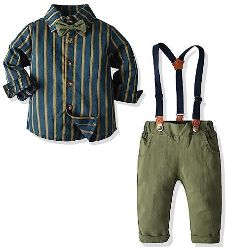 Balipig Bambini Completini e Coordinati Gentiluomo 3 Pezzi, Ragazzi Camicia a Maniche Lunghe a Righe + Pantaloncini Bretelle Tuta da Gentleman Vestito del Partito 18-24 Mesi, Verde scuro