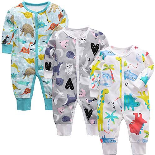 amropi Bambino Pagliaccetto 3 Pezzi Pigiama Ragazzi Ragazze Manica Lunga Cotone Tutine Blu/Grigio/Bianco, 6-9 Mesi