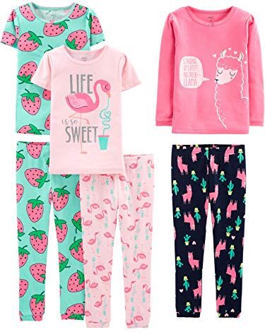 Simple Joys by Carter's 6-Piece Snug Fit Cotton Pajama Set Pigiama, Blu Marino/Rosa Fenicotteri/Rosato Stampa Lama/Verde Strawberries, 6 Anni (Pacco da 3) Bambina