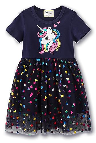 Kfnire Vestito Bambina Cotone • 3-4 Anni(95-100cm) Vestito Unicorno Principessa Bambina Abito Bimba Ricamo Floral Striscia Cartoon Animale Casuale Manica Lunga & Manica Corta Vestito T-Shirt