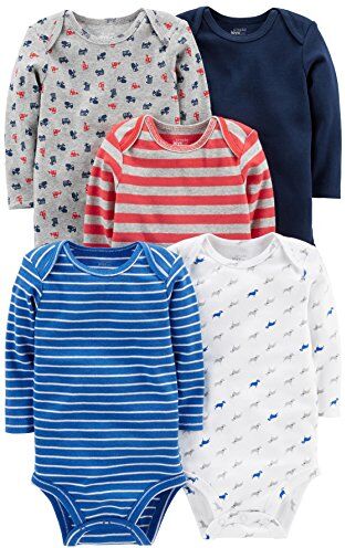 Carter's Simple Joys by  Long-Sleeve Bodysuit Pack of 5 Body, Blu/Grigio Camion/Rosso Righe, 3-6 Mesi (Pacco da 5) Unisex-Bimbi