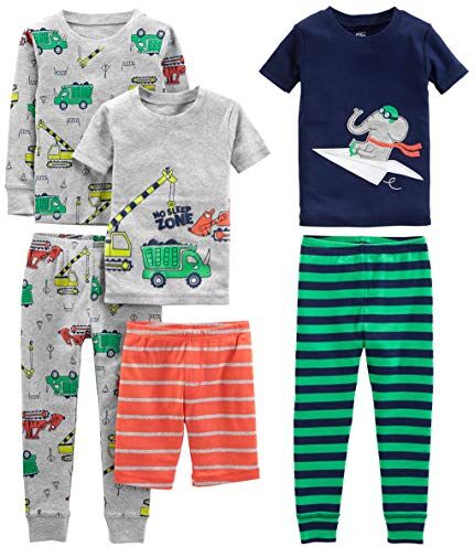 Simple Joys by Carter's 6-Piece Snug Fit Cotton Pajama Set Pigiama, Arancione Righe/Blu Marino Elefante/Grigio Camion/Verde Righe, 24 Mesi (Pacco da 3) Bimbo