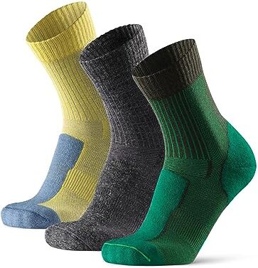 DANISH ENDURANCE 3 Paia Calze Trekking Leggere in Lana Merino, Anti-Vesciche, Traspiranti, da Uomo, Donna, Bambino, Multicolore (1 x Grigio, 1 x Verde, 1 x Giallo), 31-34