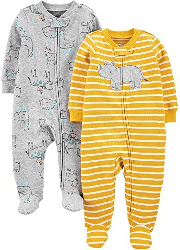 Simple Joys by Carter's 2-Pack 2-Way Zip Cotton Footed Sleep And Play Traversine per Neonati e Bambini, Giallo Ippopotamo/Grigio Pezzata, Prematuro (Pacco da 2) Bimbo