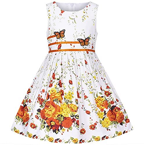 Sunny Fashion Vestito Bambina Floreale Ricamo Farfalla Cravatta a Farfalla Senza Maniche Arancione 9-10 Anni