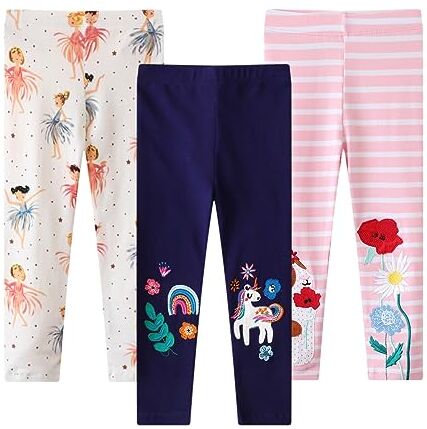 EmaoFun Leggings Colorati da Bambina, Confezione da 3 Pezzi, in Cotone Elasticizzato, 2-7 Anni（Pony 3T）