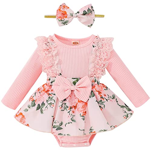 MAHUAOYIXI 2 Pezzi Elegante Tuta Bimba Tutine Neonato Femmina Pagliaccetto Estivo Vestito Abito in Pizzo Floreale Principessa Tutu Bodysuit Tulle Battesimo Jumpsuit + Fascia Bowknot Bambino (A , 6-12 Months )