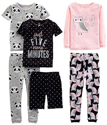 Simple Joys by Carter's 6-Piece Snug Fit Cotton Pajama Set Pigiama, Grigio Panda/Nero Pois/Rosa Gufi, 4 Anni (Pacco da 3) Bambina