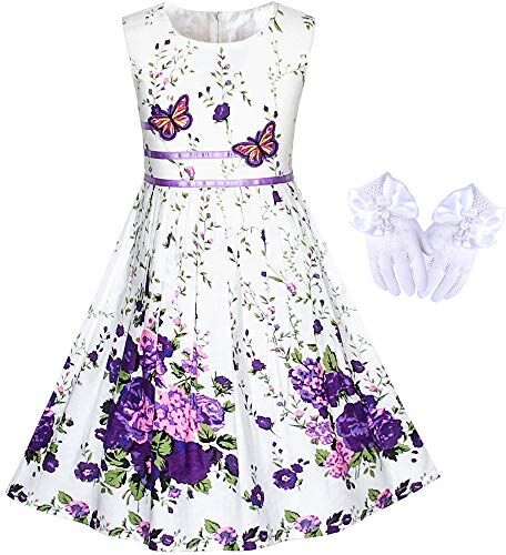 Sunny Fashion Vestito Bambina Fiore Bianca Tea Party Guanti Principessa 9-10 Anni