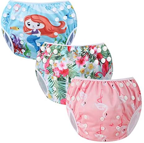 Codkkre Pannolino Nuoto Neonato Costume Neonata 3 Pz Piscina Riutilizzabile Pannolini Lavabili Contenitivo per 0-3 Anni(Fenicottero+Fiore+Sirena)