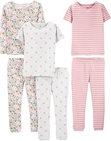 Simple Joys by Carter's 6-Piece Snug Fit Cotton Pajama Set Pigiama, Bianco Motivo Floreale Piccolo/Grigio Pois/Rosa Righe, 4-5 Anni (Pacco da 3) Bambina