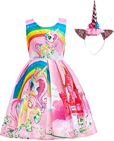 Lito Angels Vestito Unicorno con Cerchietto per Capelli per Bambina, Taglia 9-10 Anni, Rosa C