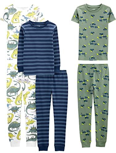 Simple Joys by Carter's 6-Piece Snug Fit Cotton Pajama Set Pigiama, Blu/Verde/Dinosauri, 8 Anni (Pacco da 3) Bambino