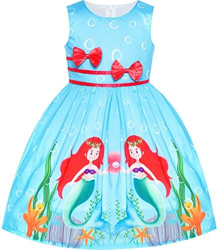 Sunny Fashion Vestito Bambina Blu Casuale Sirena Doppio Cravatta a Farfalla Festa 4-5 Anni