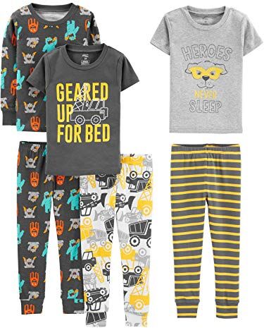 Simple Joys by Carter's 6-Piece Snug Fit Cotton Pajama Set Pigiama, Bianco Camion/Grigio Eroi/Grigio Scuro Mostro/Righe, 5 Anni (Pacco da 3) Bimbo