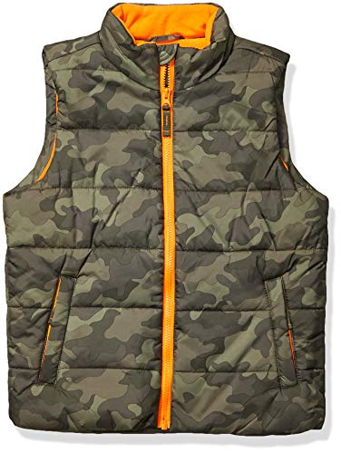 Amazon Essentials Piumino Smanicato Pesante Bambini e Ragazzi, Verde Militare Motivo Mimetico, 8 Anni