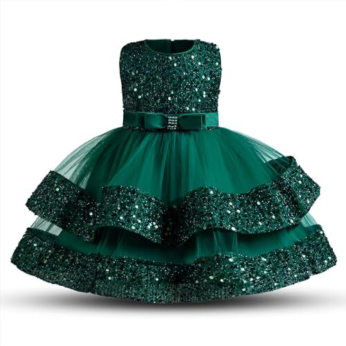 NNJXD Abito da Festa per Bambina Tutu con Paillettes Shinny Festa di Natale Bowknot Abito da Sposa per Bambina 052 Verde Taglia (90) 12-24 Mesi