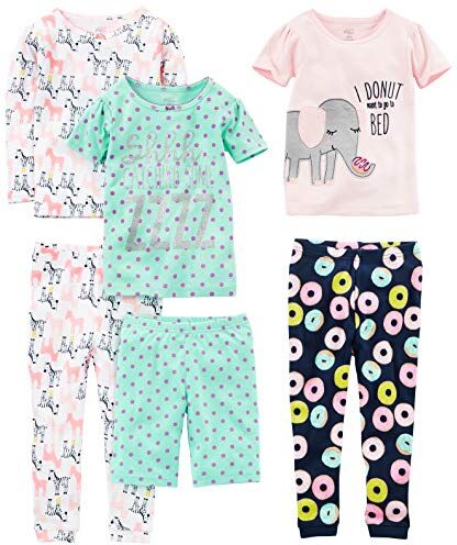 Simple Joys by Carter's 6-Piece Snug Fit Cotton Pajama Set Pigiama, Bianco Zebra/Blu Marino Ciambelle/Rosa Elefante/Verde Pois, 5-6 Anni (Pacco da 3) Bambina