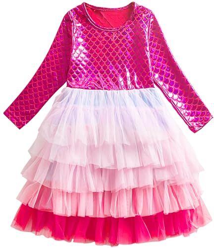 FILOWA Abito per Ragazze Bambina Sirena Principessa Vestito Elegante Manica Lunga Rosa Fucsia Vestiti Paillettes Sirenetta Tulle Tutu Gonna Fiorellini Matrimonio Festa Carnevale Costume Bimbo 4-5 Anni