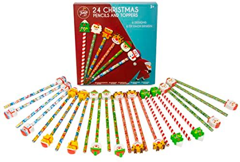 Christmas Jingle 24 matite natalizie con gomme all'estremità – riempitivi per calze di Natale per bambini – regali di Natale per classe – matite funky per bambini