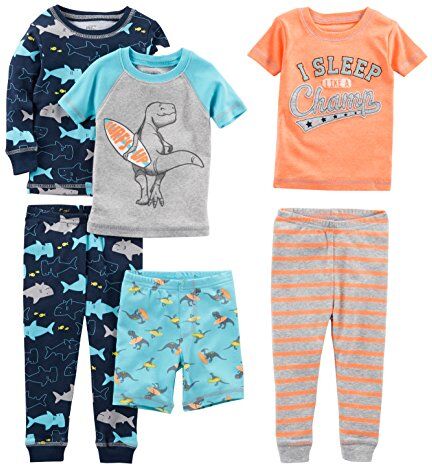 Simple Joys by Carter's 6-Piece Snug Fit Cotton Pajama Set Pigiama, Dinosauri/Righe/Squalo/Surfisti, 18 Mesi (Pacco da 3) Bimbo