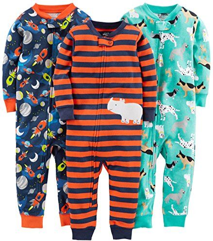 Simple Joys by Carter's 3-Pack Snug Fit Footless Cotton Pajamas Infant-And-Toddler-Pajama-Sets, Blu Marino Spazio/Ruggine Righe/Verde Turchese Cani, 12 Mesi (Pacco da 3) Unisex-Bimbi