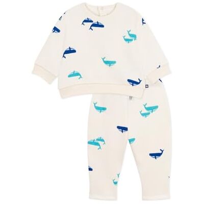 Petit Bateau 01 Set di 1 felpa e pantaloni, in cotone, con stampa balena e balena, per bambini, Ecru multicolore, 3 anni Petit Bateau 01 Set di 1 felpa e pantaloni, in cotone, con stampa balena e balena, per bambini, Ecru multicolore, 3 anni