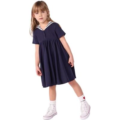 Petit Bateau Abito Bambino in Cotone Manica Corta Tinta Unita, Blu Marino, 6 Anni Petit Bateau Abito Bambino in Cotone Manica Corta Tinta Unita, Blu Marino, 6 Anni