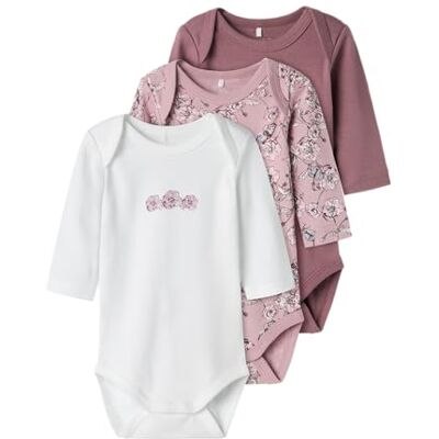 NAME IT NBFBODY 3P LS Grape Flower Noos, Body a Maniche Lunghe neonata, Grape Shake, NAME IT NBFBODY 3P LS Grape Flower Noos, Body a Maniche Lunghe neonata, Grape Shake,