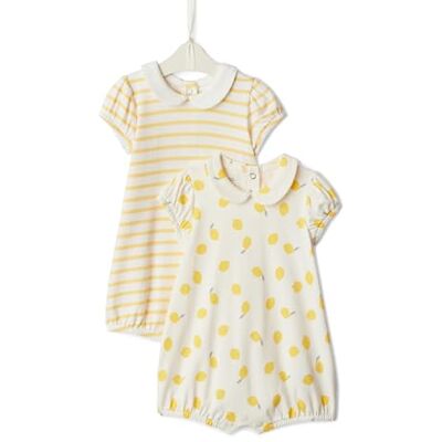 Amazon Essentials x Sofia Grainge Bimba 0-24 Tutina a Maniche Corte in Cotone con Colletto Peter Pan, confezione da 2, Limone/Righe irregolari 12 mesi Amazon Essentials x Sofia Grainge Bimba 0-24 Tutina a Maniche Corte in Cotone con Colletto Peter Pan, confezione da 2, Limone/Righe irregolari 12 mesi
