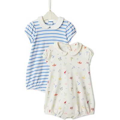 Amazon Essentials x Sofia Grainge Bimba 0-24 Tutina a Maniche Corte in Cotone con Colletto Peter Pan, confezione da 2, Barche a vela/Uneven Stripe 12 mesi Amazon Essentials x Sofia Grainge Bimba 0-24 Tutina a Maniche Corte in Cotone con Colletto Peter Pan, confezione da 2, Barche a vela/Uneven Stripe 12 mesi