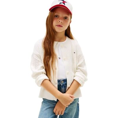 Tommy Hilfiger Pointelle Cable Cardigan Kg0kg09378 Maglioni, White (Ivory Silk), 10 Anni Bambina Tommy Hilfiger Pointelle Cable Cardigan Kg0kg09378 Maglioni, White (Ivory Silk), 10 Anni Bambina