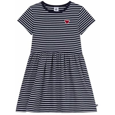 Petit Bateau Abito Bambino in Cotone Manica Corta a Righe, Smoking/Marshmallow, 5 Anni Petit Bateau Abito Bambino in Cotone Manica Corta a Righe, Smoking/Marshmallow, 5 Anni