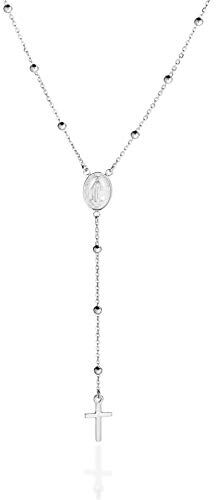 QUADRI Elegante Collana a Rosario in Argento 925 con medaglietta della Vergine Maria e croce lucida idea regalo Lunghezza collana 48 cm. + 7.50 cm pendente. Certificato Made in Italy