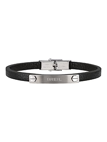 Breil , Collezione Bridge, Bracciale Uomo in Pelle Nera e Acciaio Specchiato-Satinato, con Logo , Pratica Chiusura a Gioielleria, Idee Regalo Uomo, Lunghezza Regolabile 22.5 cm, Nero-Silver