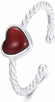 Qings Anello Cuore Regolabile Argento 925 Rosso Amore Cuore Agata Anello Impilabile Tessere Anelli Regalo di Compleanno per Donna Ragazze