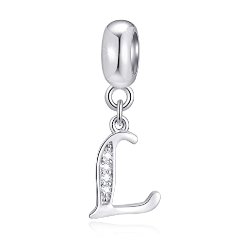 GLOWDAS Lettera L Charms Iniziale L Alfabeto Ciondolo Perline, 925 Argento Sterling Letra Ciondolo con CZ Chiaro, Fit Braccialetto in Pelle Pandora, Regali per Signora/Madre in Legge/Amante