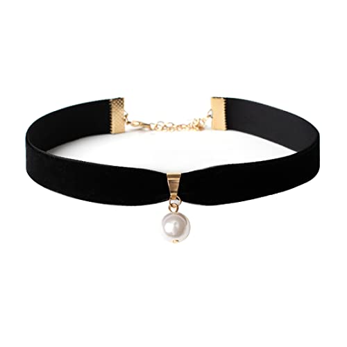 JUSTUSNX Collana girocollo nera con ciondolo a forma di perla, stile vintage, stile gotico, in velluto, accessori per Halloween per donne e ragazze