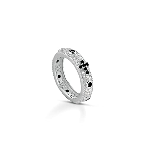 Donipreziosi Anello Rosario in Argento 925% Pavè Uomo/Donna Unisex con Croce Zirconi Diverisi Colori Taglio Diamante (Nero, 16)