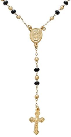 Bling Jewelry Rosario Religioso con Perle Nere E Dorate Benedetto con La Vergine Maria Crocifisso E Croce in Collana per Donne Adolescenti Placcata in Oro 18K