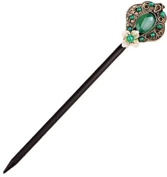 OZCHH Forcina for capelli con perline di giada verde Gioielli vintage Talismani cinesi Bastoncini for capelli Fascino Accessori in vero argento tibetano Amuleti