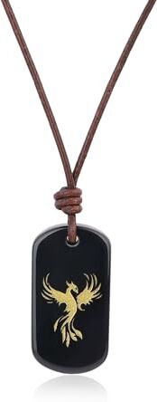 COAI Collana di Vera Pelle Italiana con Pendente di Ossidiana Nera con Fenice Intagliata Unisex