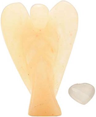 Blessfull Healing Natural Yellow Aventurine Reiki Carved Spiritual Gemstone Guardian Pocket Angel Statue With Selenite Heart " 2 inches approx