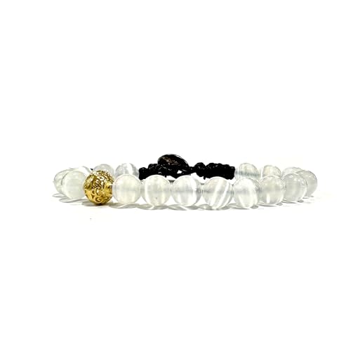 Samsara Bracciale Tibetano Buddista Regolabile, Gioiello Mistico Portafortuna, Cotone Cerato ad Alta Resistenza, Perline Naturali 8mm, Polso 18.5-22.5cm Colore: SELENITE, Materiale: Pietra