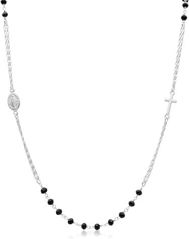 Aka Gioielli ® Collana Rosario Cristalli Neri in Argento 925 con Medaglia Madonna Miracolosa e Croce Girocollo per Donna e Uomo lunghezza regolabile